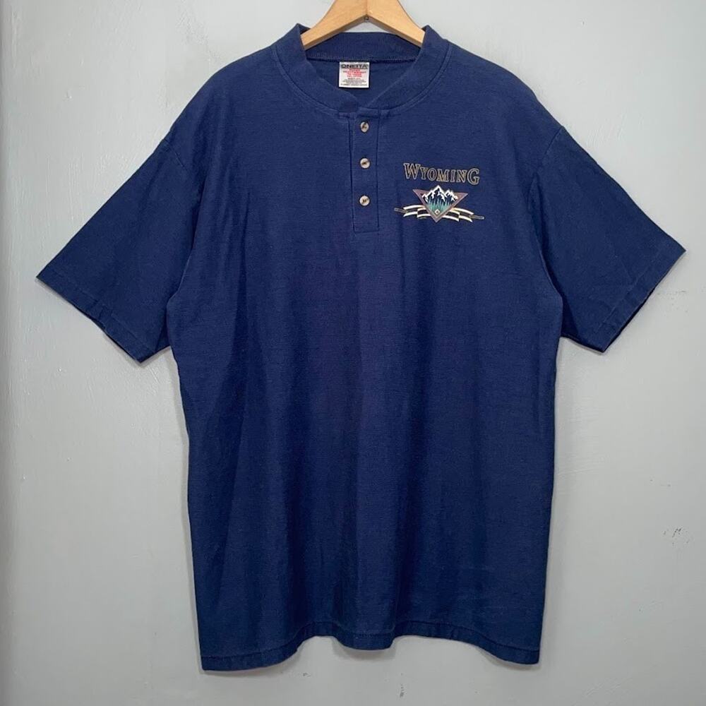 Vintage Wyoming Mountains Henley Shirt Mens Size L Navy Preppy Grandpa Gorpcore
